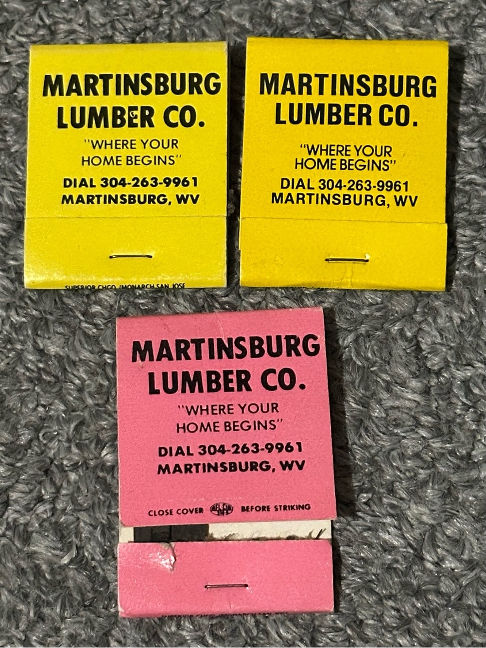 Lot of 3 Vintage Matchbooks Martinsburg Lumber WV West Virginia USED Yellow Pink